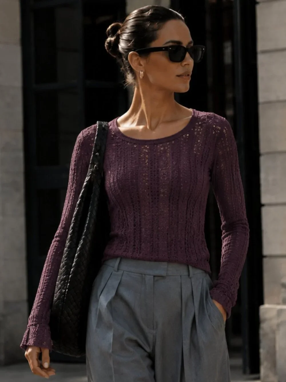 nwt Free People Plum Lace Wrap Back Top Long Sleeve Bell Cuff Knit Medium